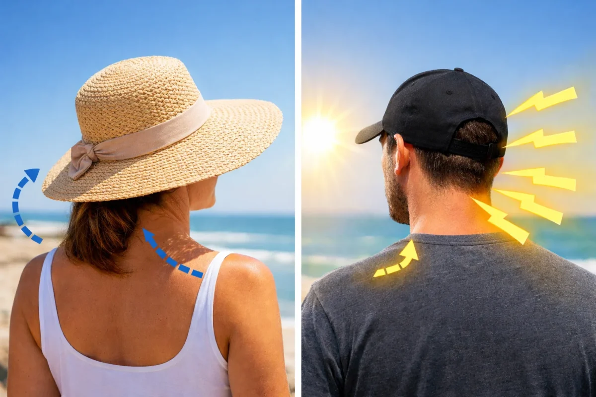 Solhatt ger bättre skydd än keps i stark sol genom att skugga nacke och ansikte