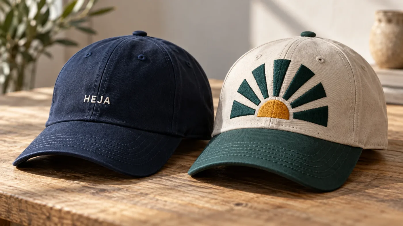 To supporterkasketter med forskellige broderede designs