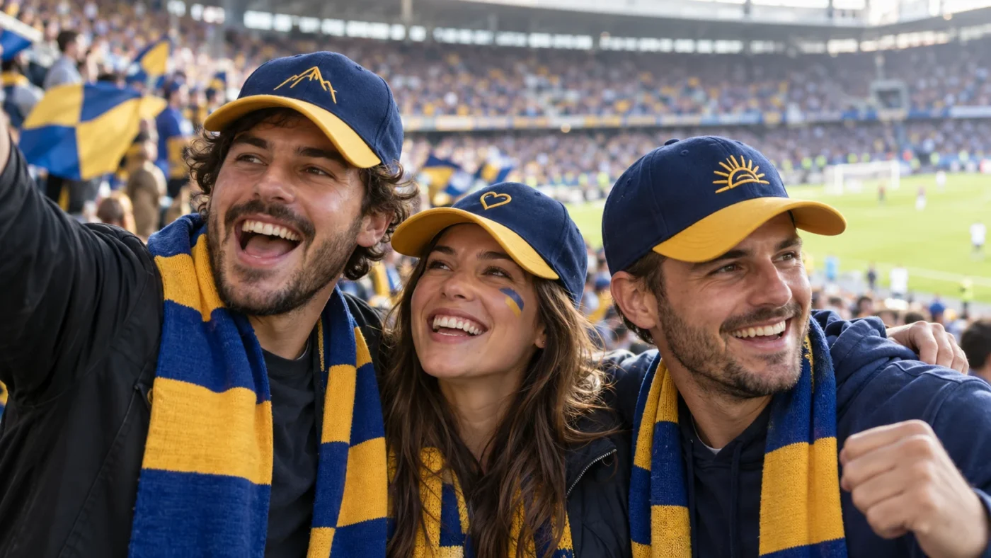 Tre supportere med personlige kasketter på tribunen