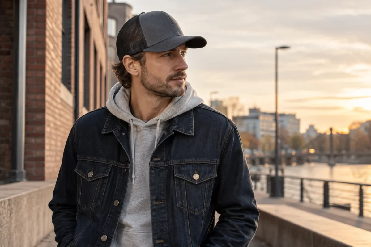 Person mit moderner Trucker Cap in urbaner Umgebung